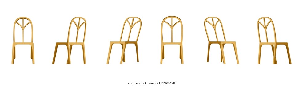 Wooden Chair in front, side and back angles. Garden or kitchen chairs set in various points of view. Flat vector illustration of an empty chair with curved bars.