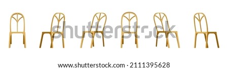 Wooden Chair in front, side and back angles. Garden or kitchen chairs set in various points of view. Flat vector illustration of an empty chair with curved bars.