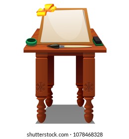 Wooden chair and sketch for poster in the form of a sheet of paper and a paintbrush isolated on a white background. Vector cartoon close-up illustration.