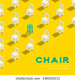 Wooden chair and stool 3D isometric pattern, Furniture lifestyle concept poster and banner square design illustration isolated on yellow background with copy space, vector eps 10