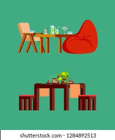 Wooden Chair And Stool, Big Soft Beanbag, Fresh Fruit Drink And Sweets In Glass And Sushi On Board. Wood Table Serving With Plates, Teapot And Plant Vector