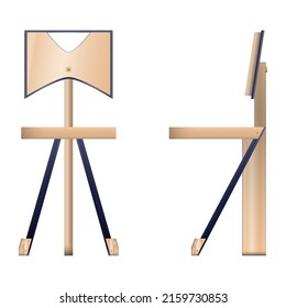 Wooden chair with three legs. Front view, side view. Vector isolated on white background.