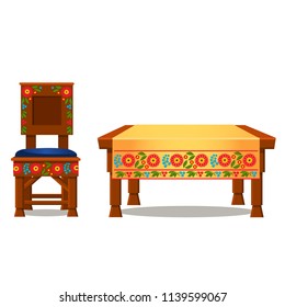 Wooden chair with upholstery and table with tablecloth with traditional Russian ornament isolated on white background. Vector cartoon close-up illustration.