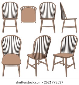 wooden chair. Vector images are produced from the auto tracing process. View from Perspective, front, top, side, back