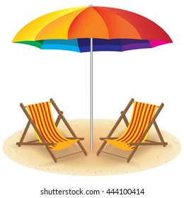 Wooden chairs and beach umbrella on the beach. Summer Beach on white Background.