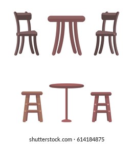 Wooden chairs and round tables isolated on white background. Furniture elements in flat style design. High chairs for children and two types of tables. Furniture for kitchen vector illustration