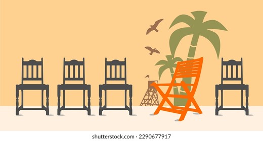 Wooden chairs row and outstanding beach chaise. Standing out from the crowd. Burnout psychology concept