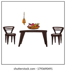 Wooden chairs and table in the kitchen. Fruit plate. Chandelier. Canteen. Interior. Household items. Isolated vector objects from the set about the house, apartment, interior design, comfort.