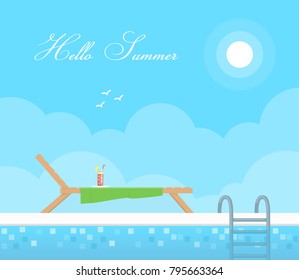 Wooden chaise longue along the pool on background blue sky. Rest and sunbathe. Vacation and travel concept. Hello Summer. Vector illustration in flat style.
