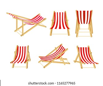 Wooden chaise longue set in different positions,  vector illustration isolated on white background. Realistic beach chairs collection