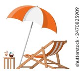 Wooden chaise lounge. Sun lounger, deckchair, sunbed, beach chair with umbrella. Table with glass of cocktail and coconut. Vector illustration in flat style