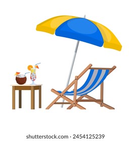 Wooden chaise lounge. Sun lounger, deckchair, sunbed, beach chair with umbrella. Table with glass of cocktail and coconut. Vector illustration in flat style