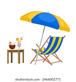 Wooden chaise lounge. Sun lounger, deckchair, sunbed, beach chair with umbrella. Table with glass of cocktail and coconut. Vector illustration in flat style