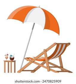 Wooden chaise lounge. Sun lounger, deckchair, sunbed, beach chair with umbrella. Table with glass of cocktail and coconut. Vector illustration in flat style