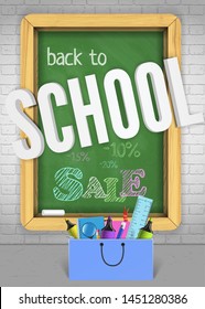 Wooden chalk board welcomes back with bright study supplies ruler, pencils, copybook, magnifier and markers. Back to school colorful chalkboard banner concept for sale advertisement and handdrawn text