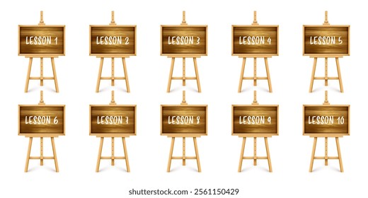 Wooden chalkboard on easel. Blackboard in wooden frame on a tripod. Presentation board with text, writing or drawing surface. Online studying, learning mockup. Vector illustration