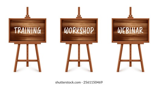 Wooden chalkboard on easel. Blackboard in wooden frame on a tripod. Presentation board with text, writing or drawing surface. Online studying, learning mockup. Vector illustration