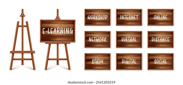 Wooden chalkboard on easel. Blackboard in wooden frame on a tripod. Presentation board with text, writing or drawing surface. Online studying, e-learning and education. Vector illustration