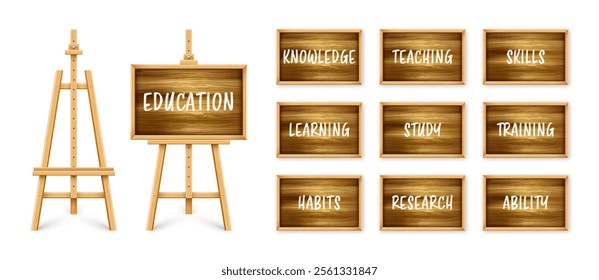 Wooden chalkboard on easel. Blackboard in wooden frame on a tripod. Presentation board with text, writing or drawing surface. Online studying, e-learning and education. Vector illustration