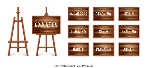 Wooden chalkboard on easel. Blackboard in wooden frame on a tripod. Presentation board with text, writing or drawing surface. Online studying, e-learning and education. Vector illustration