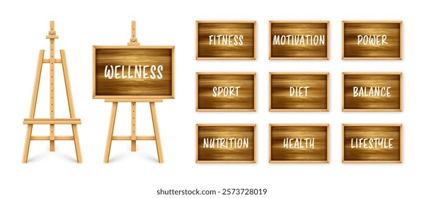 Wooden chalkboard on easel. Blackboard in wooden frame on a tripod. Presentation board with text, writing or drawing surface. Wellness, healthy lifestyle and motivation. Vector illustration