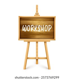 Wooden chalkboard on easel. Blackboard in wooden frame on a tripod. Presentation board with text, writing or drawing surface. Online studying, learning mockup. Vector illustration