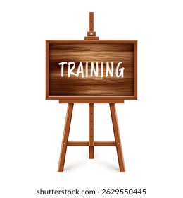 Wooden chalkboard on easel. Blackboard in wooden frame on a tripod. Presentation board with text, writing or drawing surface. Online studying, learning mockup. Vector illustration