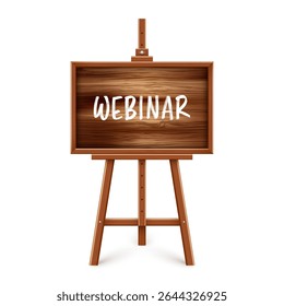 Wooden chalkboard on easel. Blackboard in wooden frame on a tripod. Presentation board with text, writing or drawing surface. Online studying, learning mockup. Vector illustration