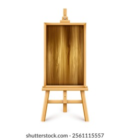 Wooden chalkboard on easel. Blank blackboard in wooden frame on a tripod. Presentation board, writing surface for text, drawing. Online studying, learning mockup. Vector illustration