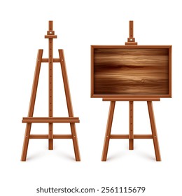 Wooden chalkboard on easel. Blank blackboard in wooden frame on a tripod. Presentation board, writing surface for text, drawing. Online studying, learning mockup. Vector illustration