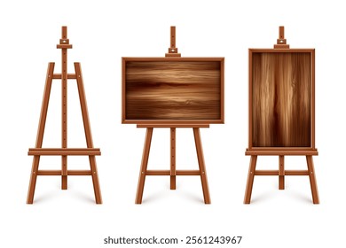 Wooden chalkboard on easel. Blank blackboard in wooden frame on a tripod. Presentation board, writing surface for text, drawing. Online studying, learning mockup. Vector illustration