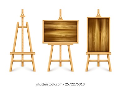 Wooden chalkboard on easel. Blank blackboard in wooden frame on a tripod. Presentation board, writing surface for text, drawing. Online studying, learning mockup. Vector illustration