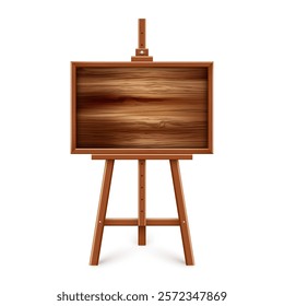 Wooden chalkboard on easel. Blank blackboard in wooden frame on a tripod. Presentation board, writing surface for text, drawing. Online studying, learning mockup. Vector illustration