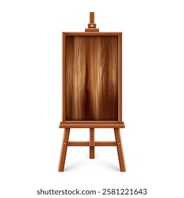 Wooden chalkboard on easel. Blank blackboard in wooden frame on a tripod. Presentation board, writing surface for text, drawing. Online studying, learning mockup. Vector illustration