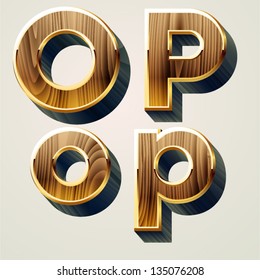 Wooden characters set with gold frame. Letters o p