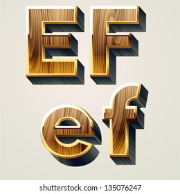 Wooden characters set with gold frame. Letters e f