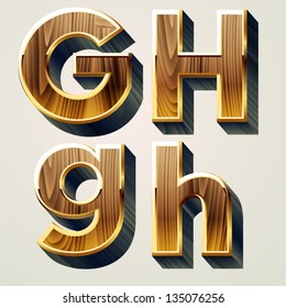 Holzfiguren mit goldenem Rahmen. Buchstaben g h