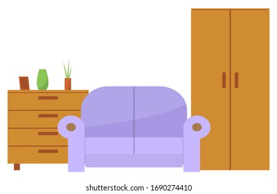Wooden cheat and wardrobe near violet sofa. Furniture and decor as vase,plant in pot and frame for photos. Comfortable living room vector illustration