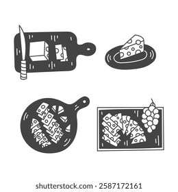 Wooden Cheese Tray Set. Serving objects collection with plate grape knife slice piece in hand drawn doodle style. Food arrangement. Vector illustration
