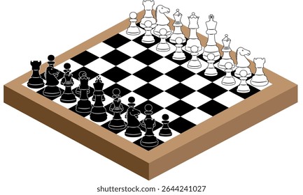 Wooden chess board with pieces in position, Chess piece design element