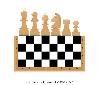 Wooden chess icons. King, queen, pawn, rook, horse, bishop, chessboard Six pieces Flat style Vector Illustration Symbol sign