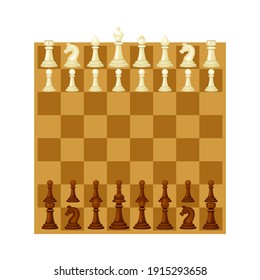 Wooden Chessboard with Chess Pieces as Chess or Strategy Board Game Above View Vector Illustration