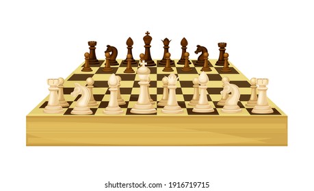 Wooden Chessboard with Chess Pieces as Chess or Strategy Board Game Vector Illustration