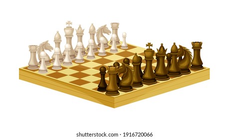 Wooden Chessboard with Chess Pieces as Chess or Strategy Board Game Vector Illustration