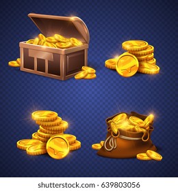 Wooden chest and big old bag with gold coins, money stack isolated