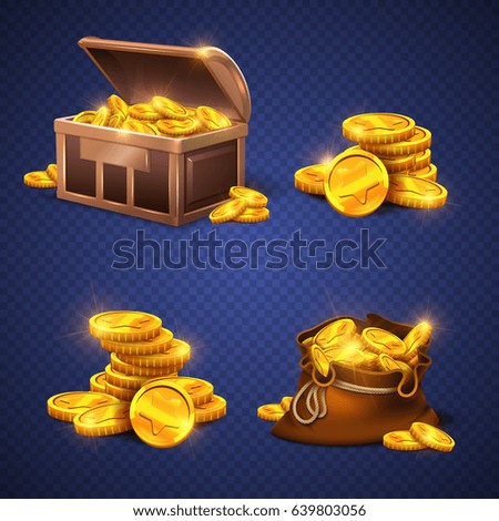 Wooden chest and big old bag with gold coins, money stack isolated