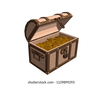 Wooden chest with coins. Isolated on white background. Vector illustration.