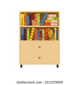 Wooden chest of drawers with books on the shelves isolated on white background.