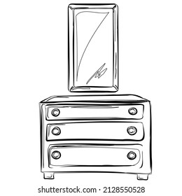 Wooden chest of drawers and a large mirror. Organization of storage of things in the house, comfort, home life, furniture. Isolated vector objects.