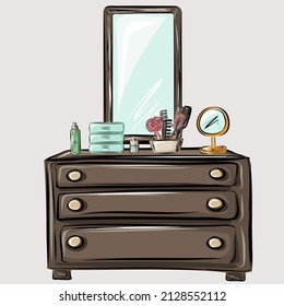 Wooden chest of drawers and a large mirror. Organization of storage of things in the house, comfort, home life, furniture. Isolated vector objects.